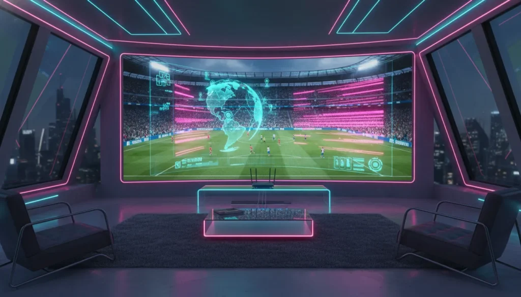 Futuristic home theater setup streaming a live soccer match with glowing digital VPN connection nodes on a world map.