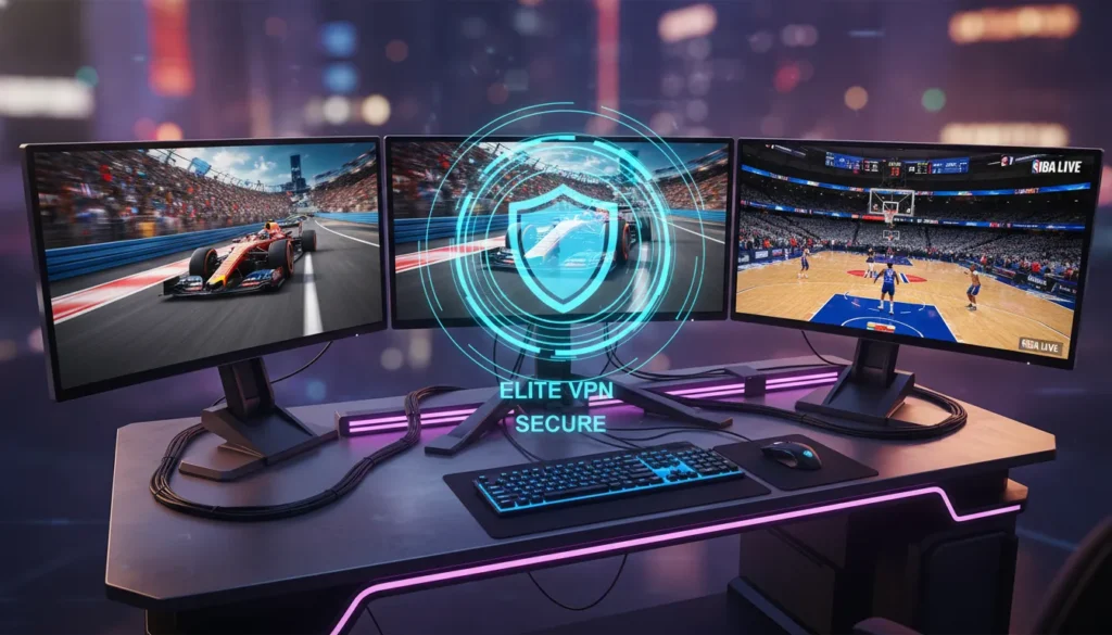 best VPN location for streaming live sports, Professional multi-screen sports streaming setup featuring a holographic VPN security icon and vibrant neon tech lighting.