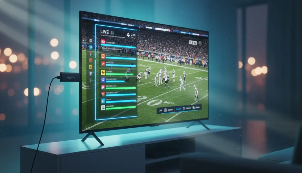 how to watch 3pm football on A Firestick plugged into a smart TV displaying a live professional football match with a modern streaming UI.