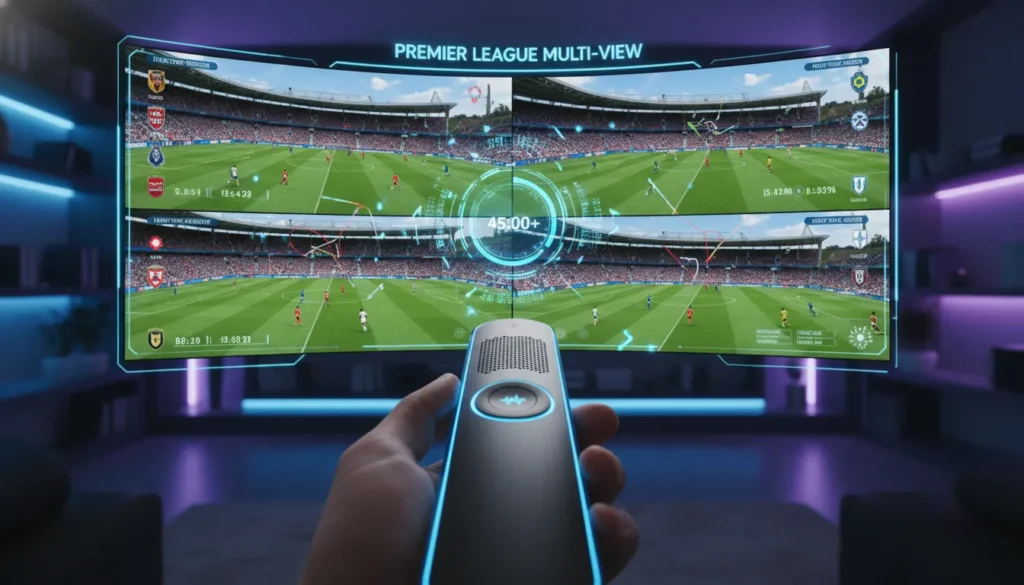 Close-up of a person using a remote to navigate a football streaming app on a Firestick device.