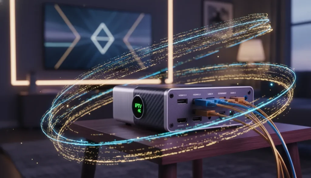 Macro shot of an Android TV box with fiber optic cables showing high-speed internet data flow.