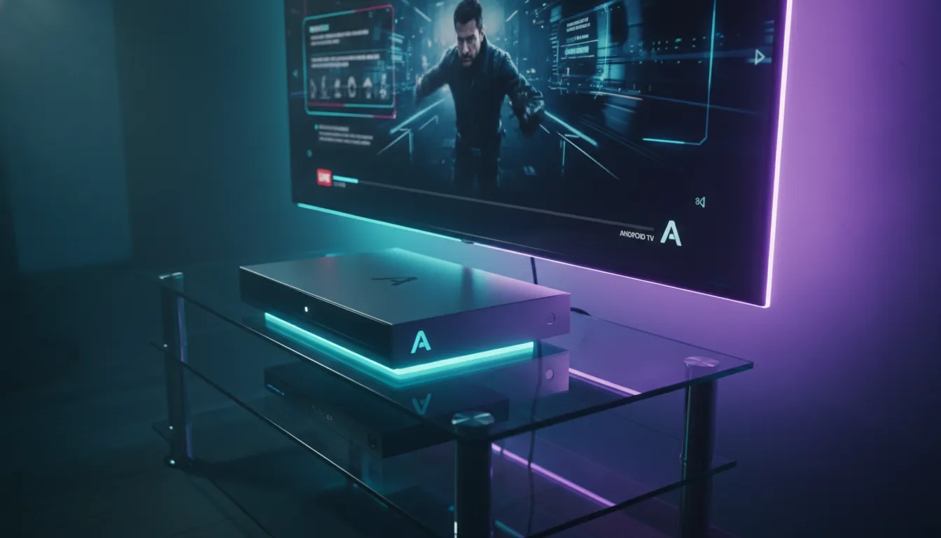 how to stop buffering on android tv box, High-performance Android TV box with neon lighting and smooth 4K streaming interface.