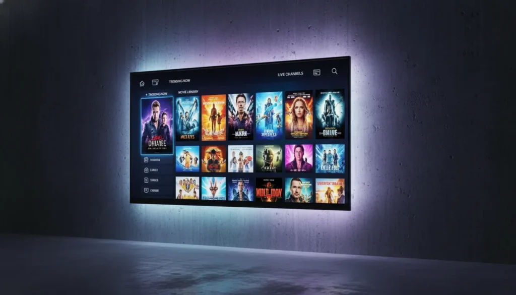 A futuristic 8K smart TV with a vibrant streaming interface and purple ambient lighting.