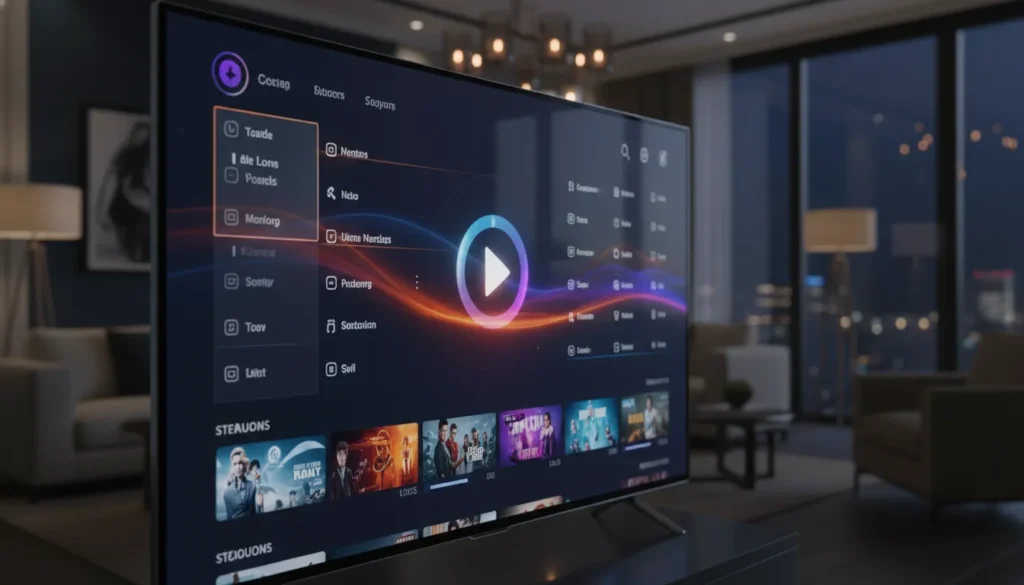 best sky glass alternatives 2026 Close-up of a modern bezel-less smart TV screen showcasing a high-tech IPTV dashboard.